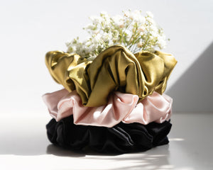 silk scrunchies chartreuse green and dusty powder pink . Mulberry silk scrunchies 